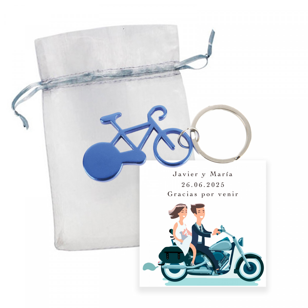 Porte-clés en forme de vélo bleu et carte de rappel amusante pour les mariés pour les mariages