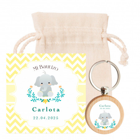 Porte-clés en bois avec autocollant et carte souvenir personnalisable dans un sac en coton pour baptême unisexe
