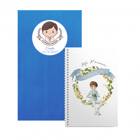 Petit carnet avec enveloppe et autocollant pour la communion d'un garçon