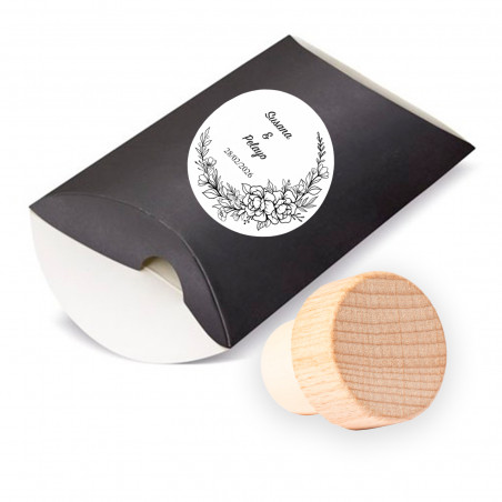 Bouchon de bouteille en bois réutilisable dans un étui élégant avec autocollant personnalisable pour les cadeaux des invités