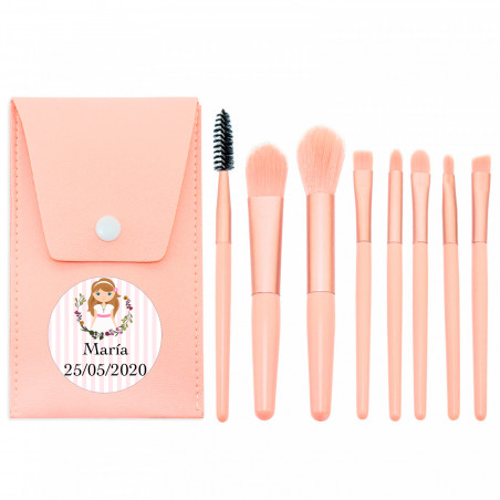 Pinceaux de maquillage dans une trousse rose avec autocollant première communion fille à offrir