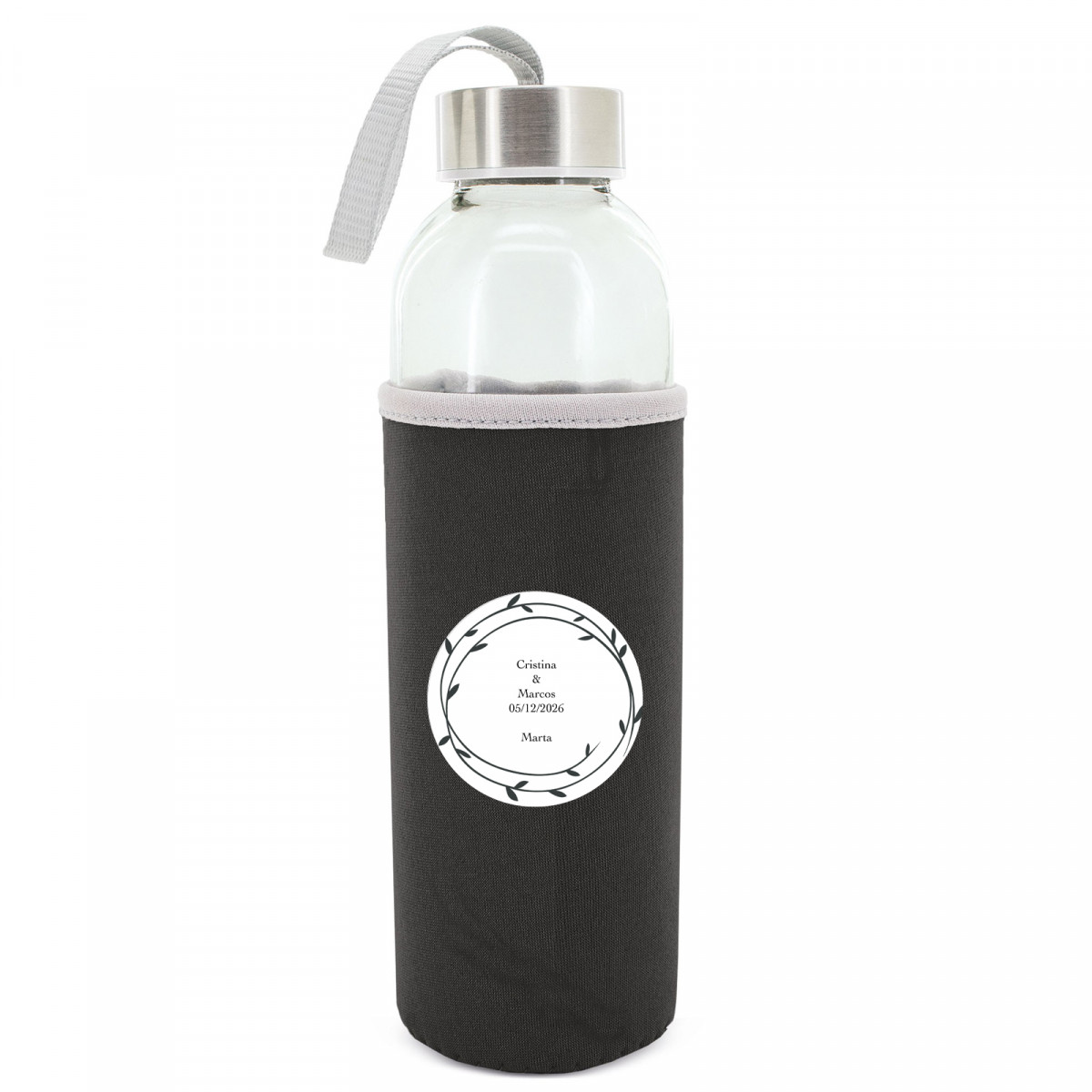 Bidon en verre avec housse noire pour mariage