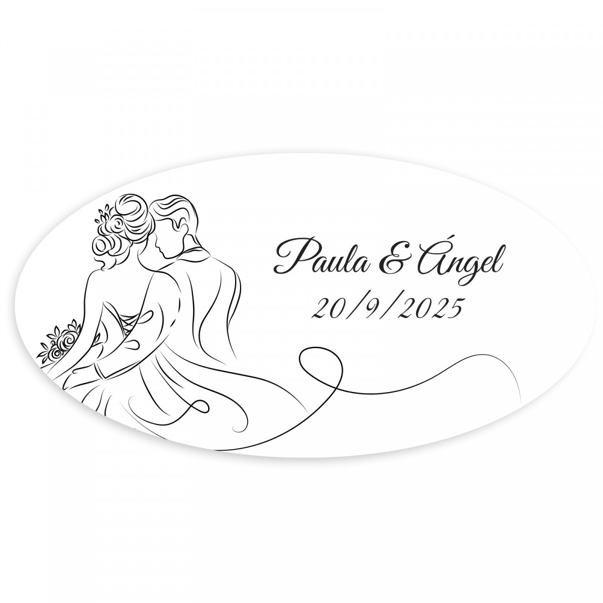 Adhésif personnalisé ovale design linéaire mariés pour Mariage