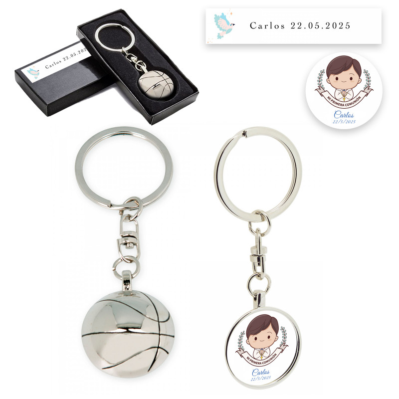 Porte-clés en métal design basket-ball et autocollant pour garçon de Première Communion dans un étui personnalisé