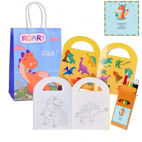 Livre de coloriage de dinosaures avec boîte de crayons personnalisée dans un sac pour anniversaire
