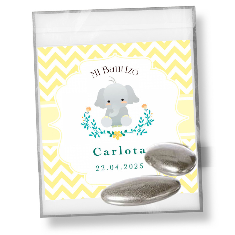 Peladillas argentées au chocolat 2 unités dans un sachet avec carte souvenir Baptême