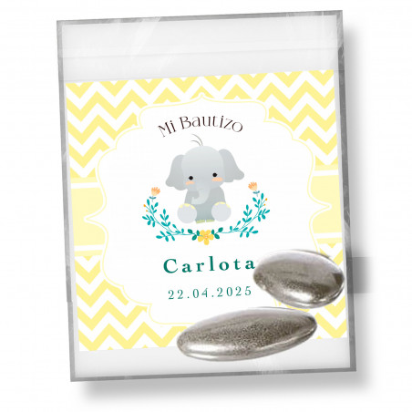 Peladillas argentées au chocolat 2 unités dans un sachet avec carte souvenir Baptême