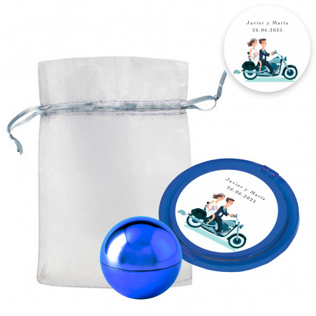 Brillant à lèvres bleu et miroir personnalisé dans un sac en organza pour les détails de mariage