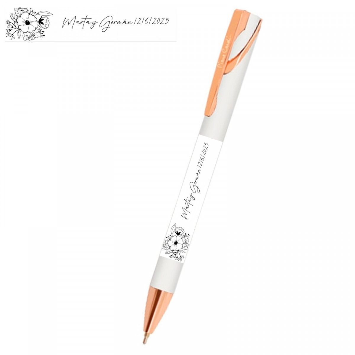 Stylo Pierre Cardin blanc avec autocollant personnalisé détail floral pour invités
