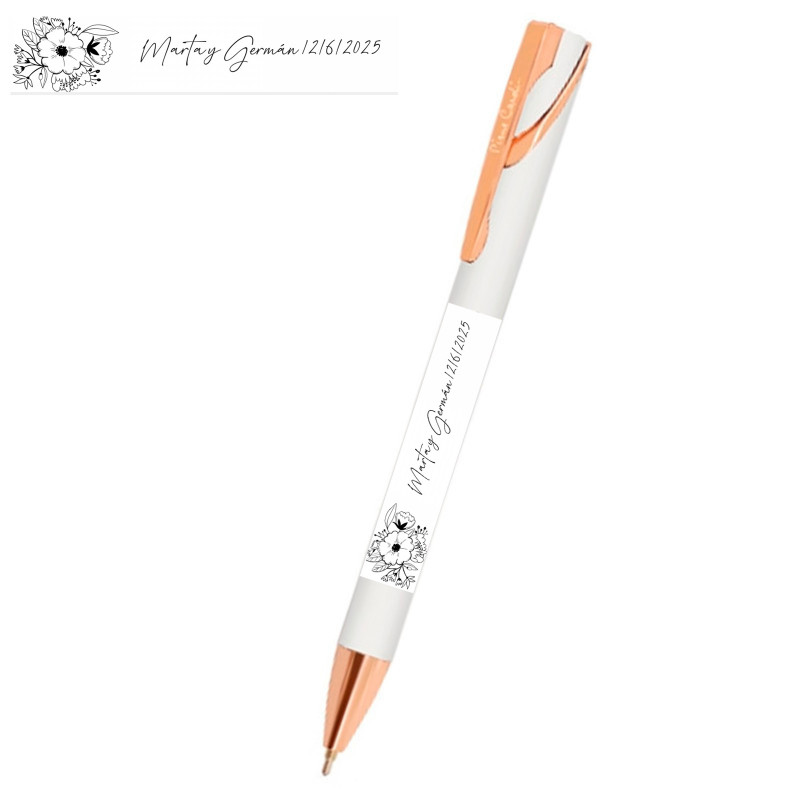 Stylo Pierre Cardin blanc avec autocollant personnalisé détail floral pour invités