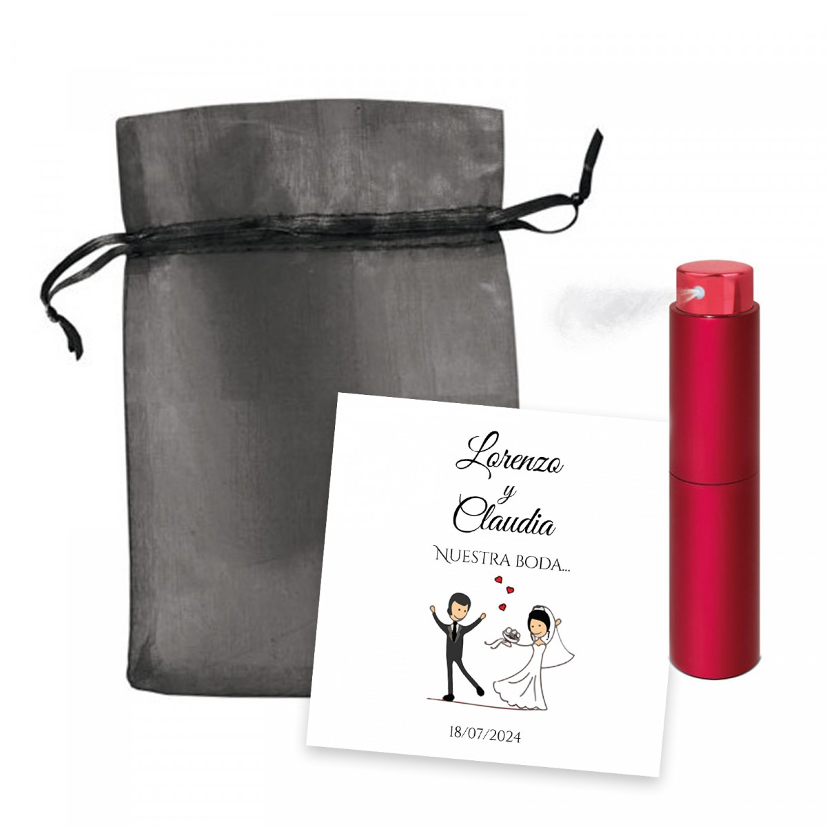 Diffuseur compact rouge avec carte personnalisée et sac en organza pour les mariages