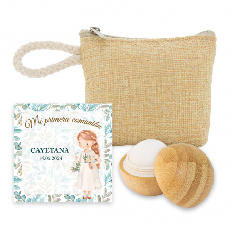Baume à lèvres sphérique en bambou et carte personnalisée pour fille dans un porte-monnaie pour la Première Communion