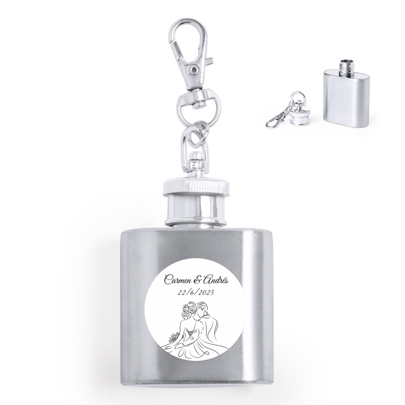 Porte-clés flacon en acier inoxydable avec autocollant de mariés pour des cadeaux de mariage