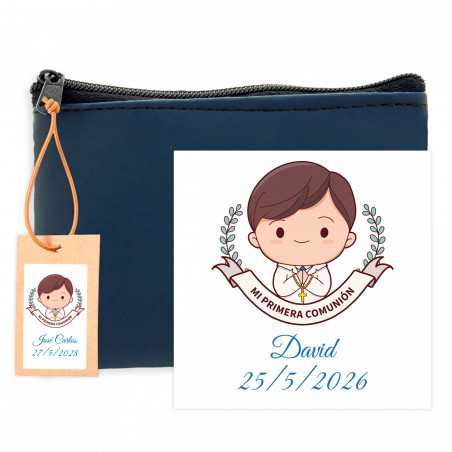 Portefeuille bleu marine avec étiquette suspendue personnalisable et carte de rappel pour les détails de la première communion