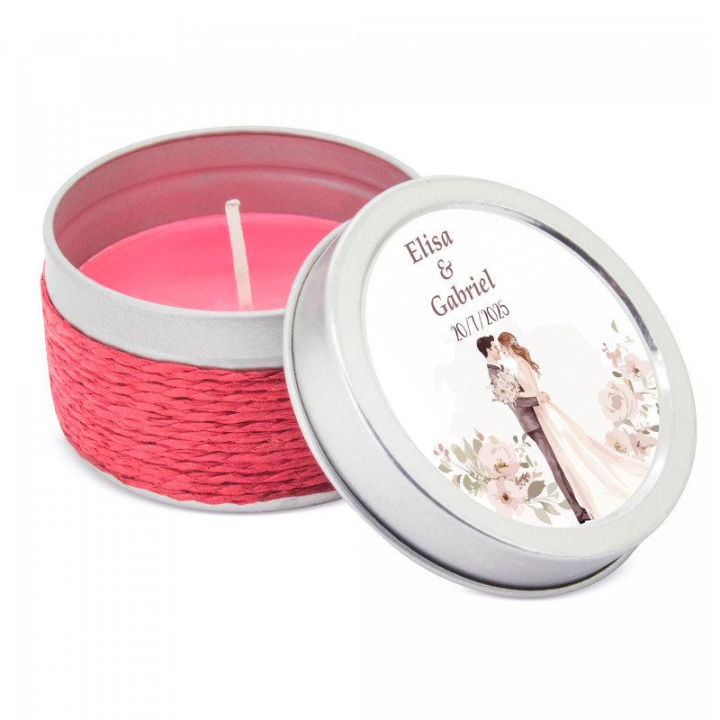 Bougie aromatique dans une boîte métallique avec corde en jute et autocollant personnalisable à offrir