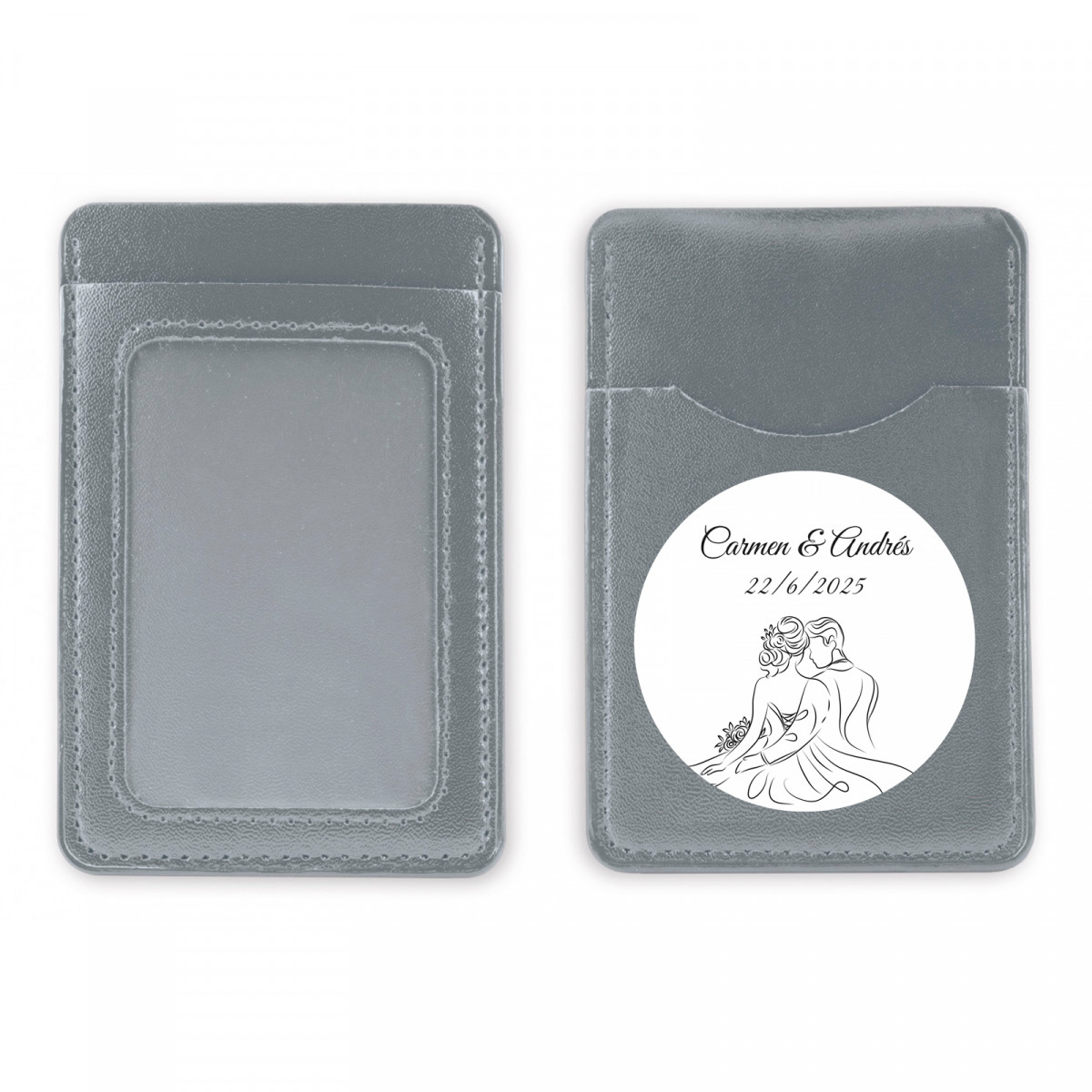 Porte-cartes argent avec autocollant silhouette de mariés pour les cadeaux des invités