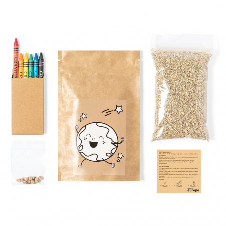 Pot à colorier avec des graines et des crayons de couleur pour des détails originaux