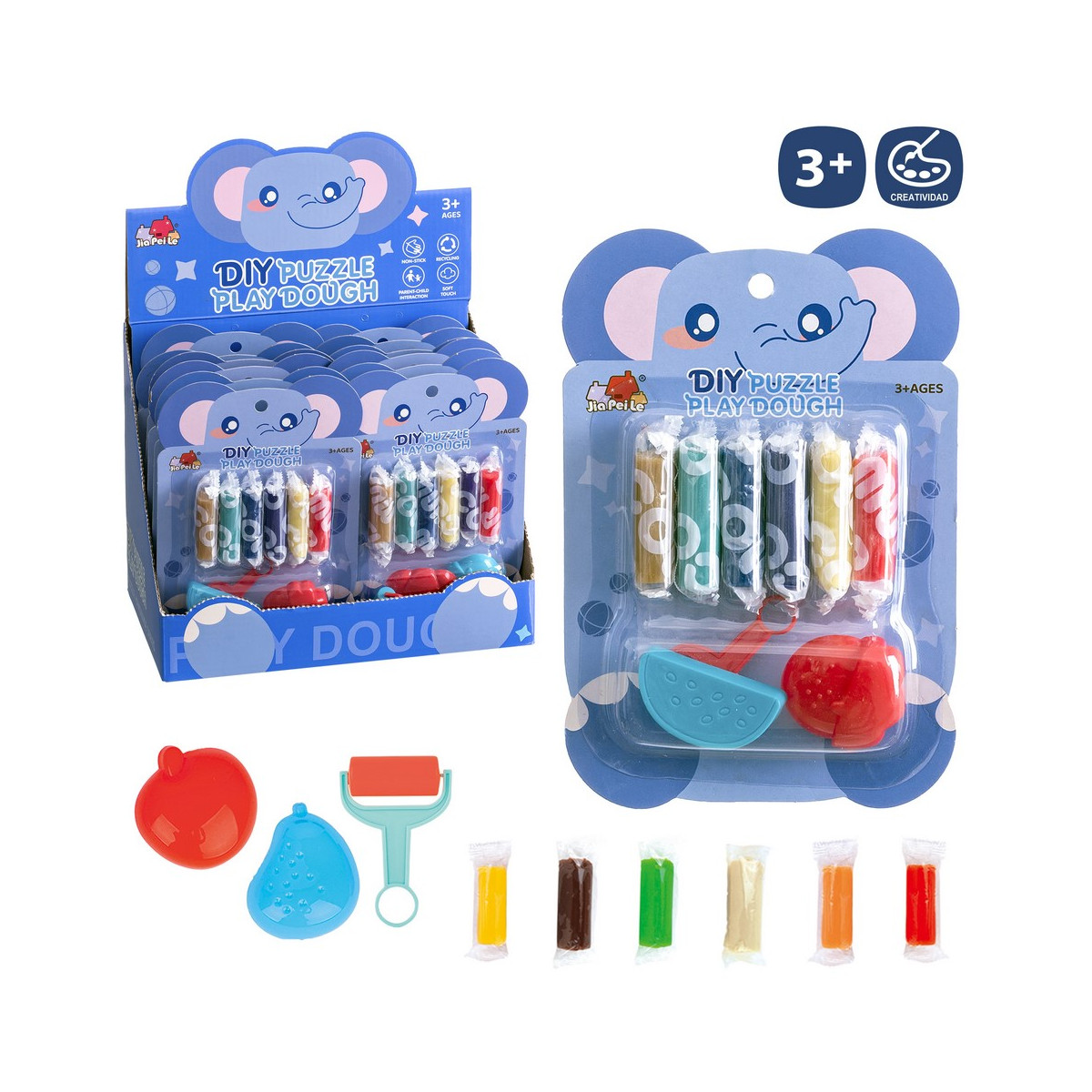 Pâte à modeler de couleurs 6 blocs avec outils design d'éléphant