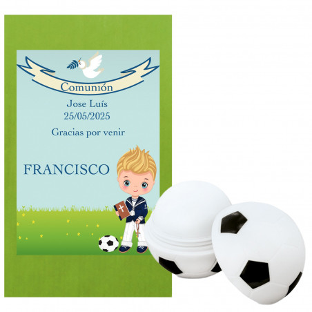 Baume à lèvres design football avec enveloppe verte et autocollant de communion