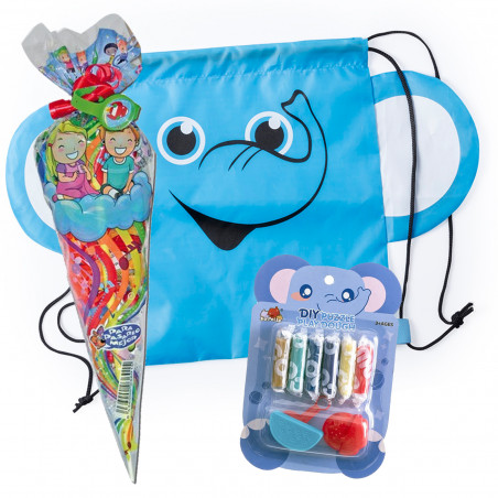 Pâte à modeler colorée avec outils, design d'éléphant, sac à dos pour enfants et sachet de bonbons.