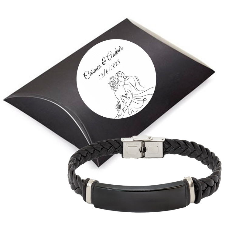 Bracelet noir en simili cuir et acier pour homme dans un étui personnalisé pour détails de mariage