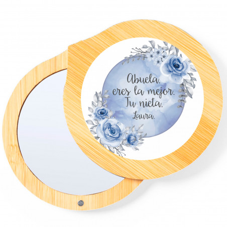 Miroir de poche avec couvercle en bambou et autocollant personnalisable pour des détails spéciaux
