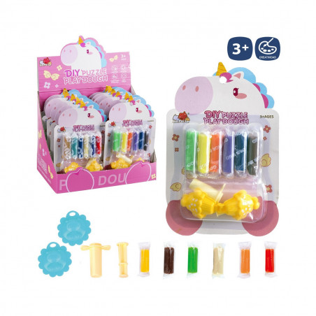 Pâte à modeler colorée avec un design enchanteur de licorne, présentée dans un sac fuchsia et dotée d'un autocollant