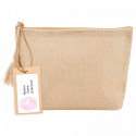 Necessaire en jute avec pompon et étiquette pendante adhésive baptême rose pour cadeaux