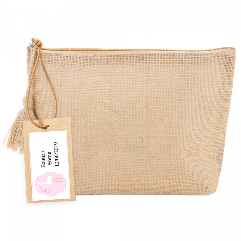 Necessaire en jute avec pompon et étiquette pendante adhésive baptême rose pour cadeaux