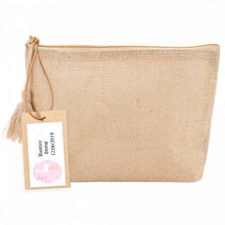 Necessaire en jute avec pompon et étiquette pendante adhésive baptême rose pour cadeaux