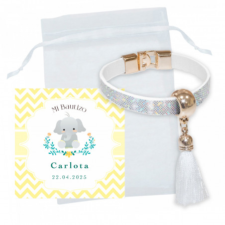 Bracelet blanc avec pompon et carte de visite personnalisée pour baptêmes