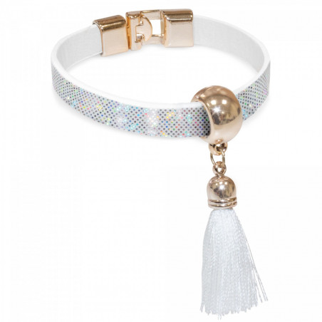 Bracelet blanc avec pompon et carte de visite personnalisée pour baptêmes