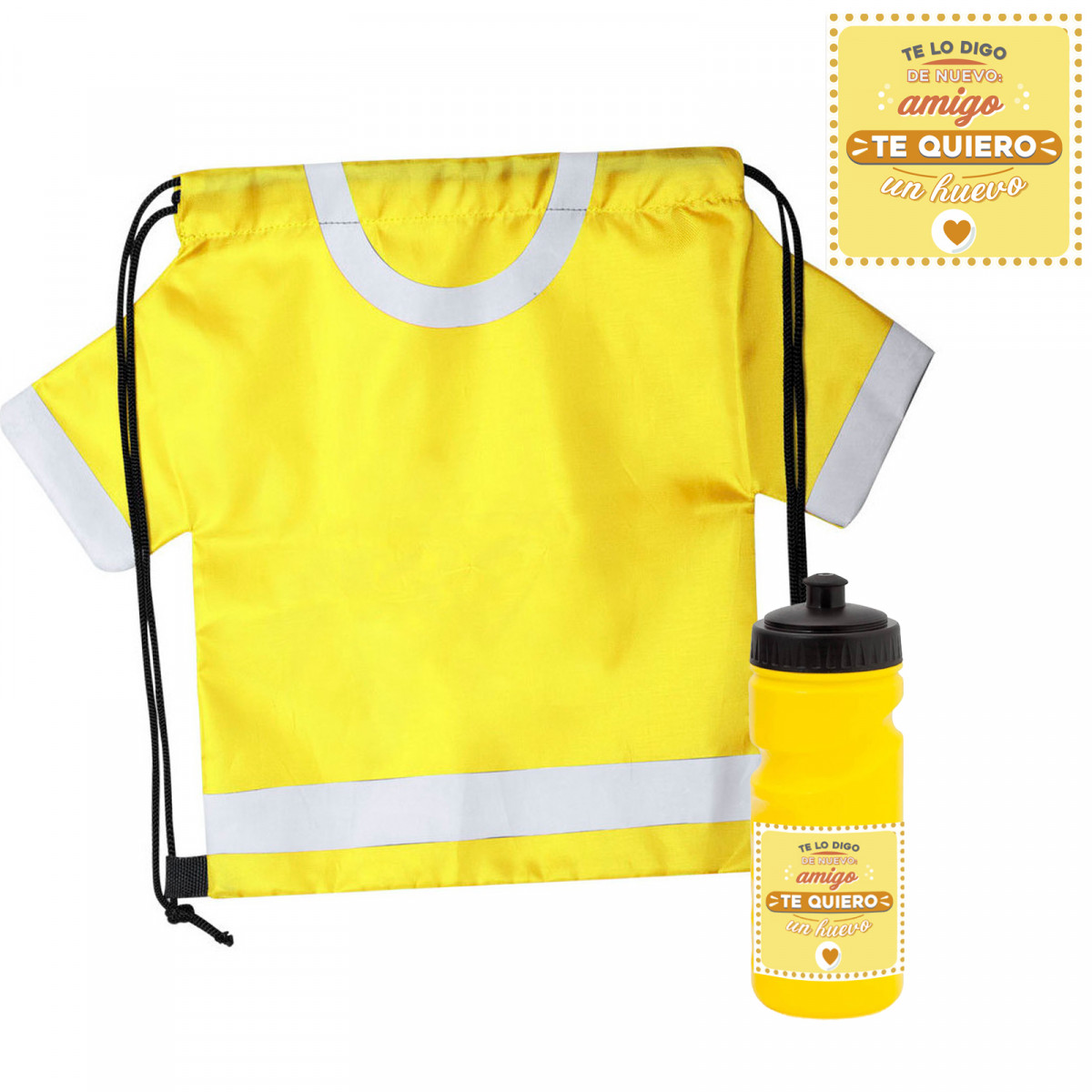 Sac à dos en forme de t-shirt et gourde jaune pour boissons avec autocollant pour amis
