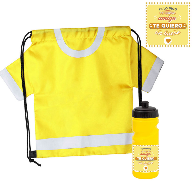 Sac à dos en forme de t-shirt et gourde jaune pour boissons avec autocollant pour amis