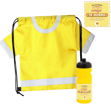 Sac à dos en forme de t-shirt et gourde jaune pour boissons avec autocollant pour amis