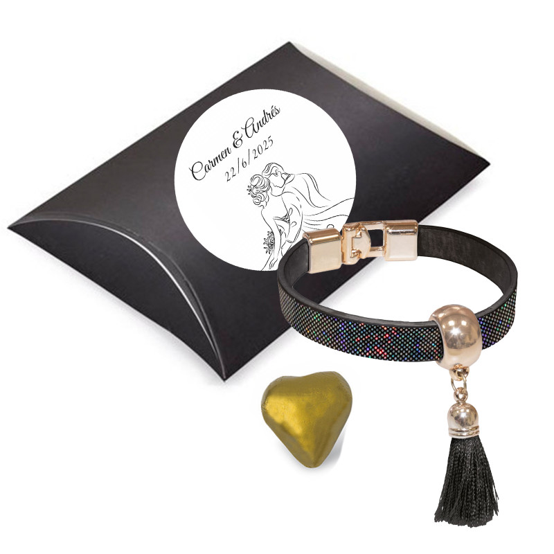 Bracelet noir avec pompon et bonbon métallisé dans un étui de présentation avec autocollant pour mariages