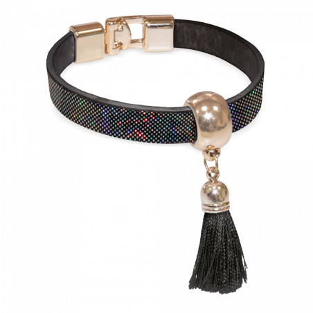 Bracelet noir avec pompon et bonbon métallisé dans un étui de présentation avec autocollant pour mariages