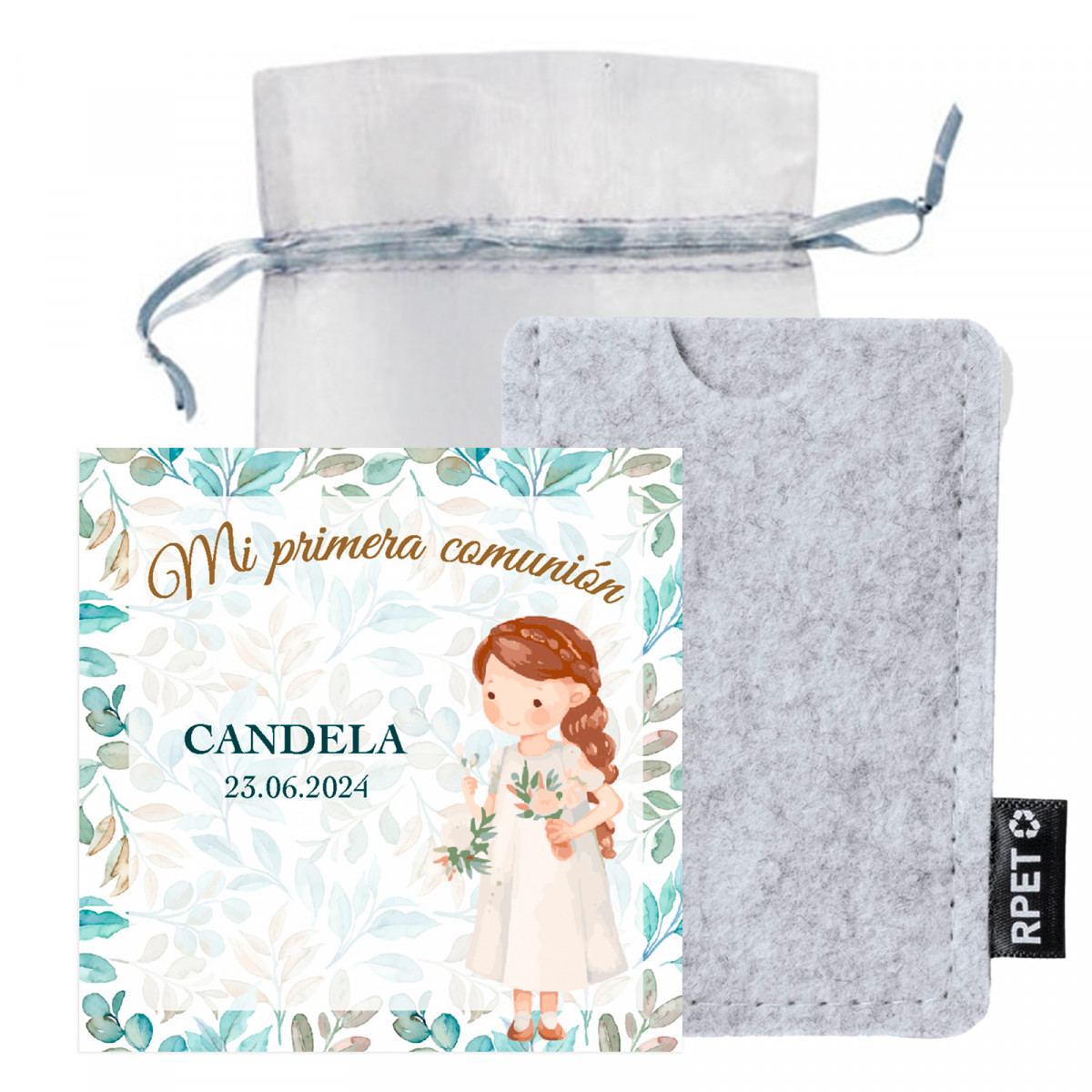 Porte-cartes en feutre avec carte de remerciement personnalisable dans un sachet en organza pour les détails de communion
