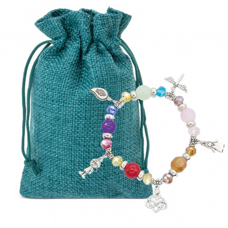 Bracelet de perles dans un sac en jute turquoise à offrir en cadeau