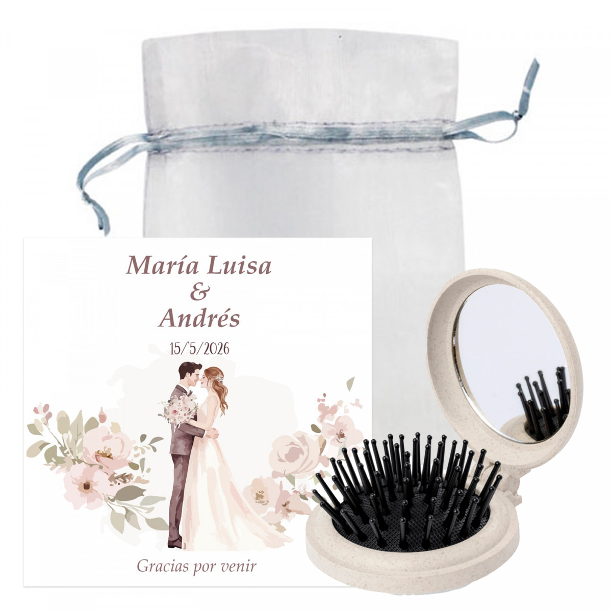 Miroir avec brosse en paille de blé avec carte de rappel personnalisée dans un sac en organza pour les détails des invités