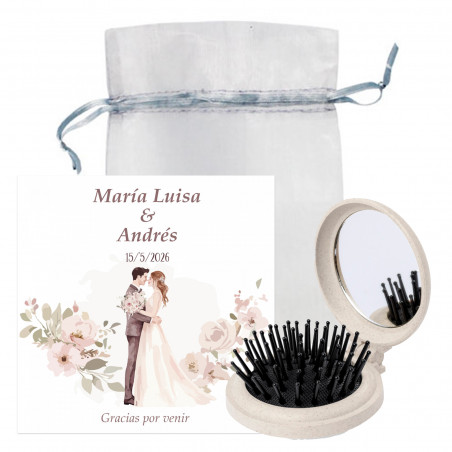 Miroir avec brosse en paille de blé avec carte de rappel personnalisée dans un sac en organza pour les détails des invités
