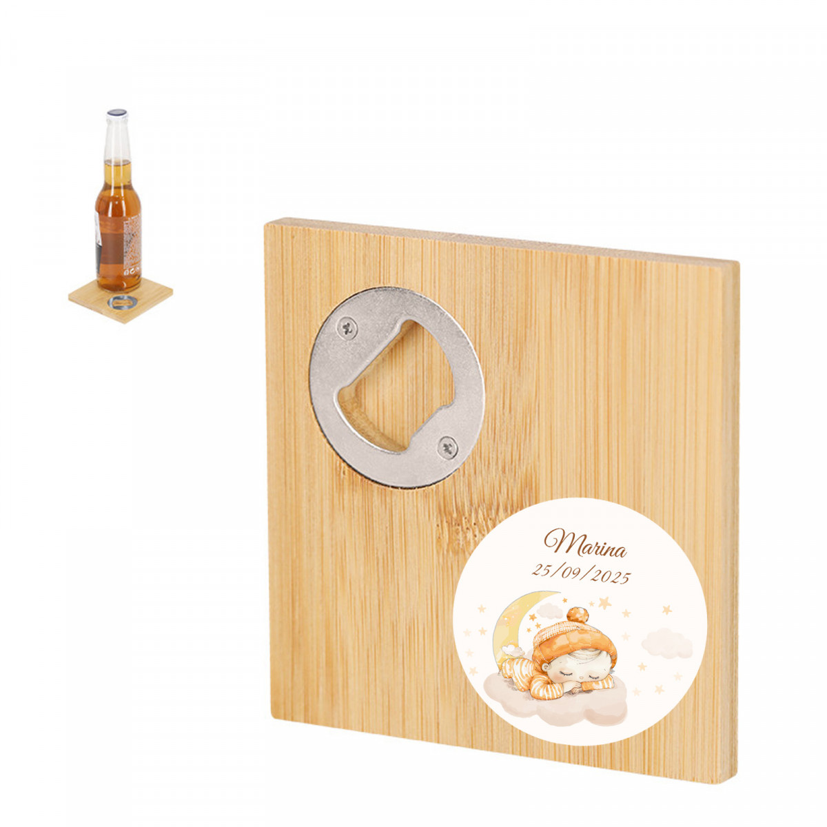 Sous-verre ouvre-bouteille en bambou personnalisé avec autocollant de baptême