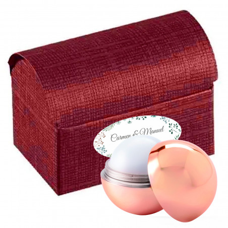 Baume à lèvres rose dans une élégante boîte en forme de coffre avec un autocollant floral personnalisable pour des détails