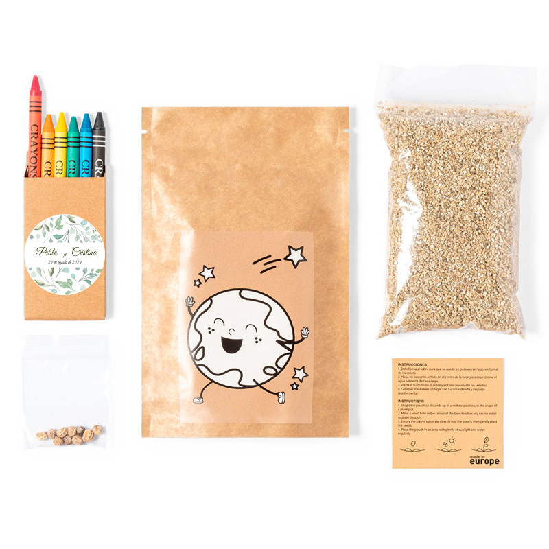 Pot de fleurs à colorier avec des graines et boîte de crayons personnalisée pour un détail enfantin