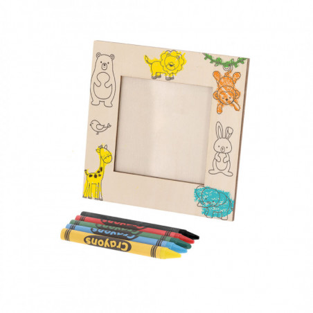 Cadre photo en bois design animaux avec crayons de couleur dans une enveloppe kraft personnalisable pour des détails originaux