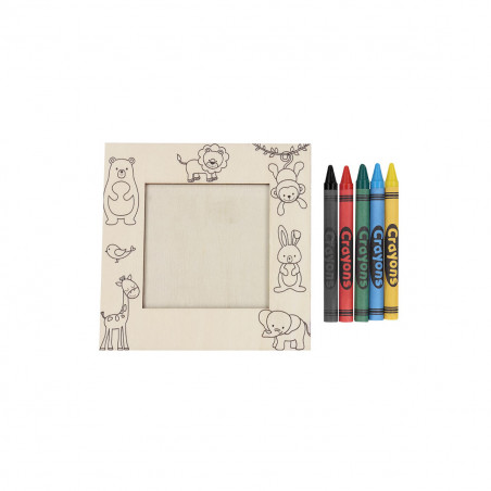 Cadre photo en bois design animaux avec crayons de couleur dans une enveloppe kraft personnalisable pour des détails originaux