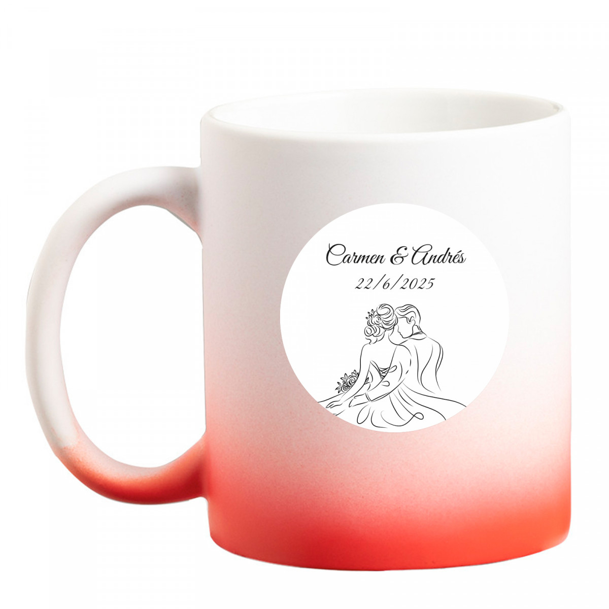 Tasse de sublimation en finition mate rouge avec autocollant de mariés design linéaire pour détails de mariage