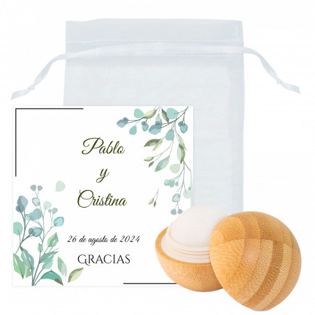 Baume à lèvres en bambou avec carte de rappel personnalisable dans un sac en organza à offrir