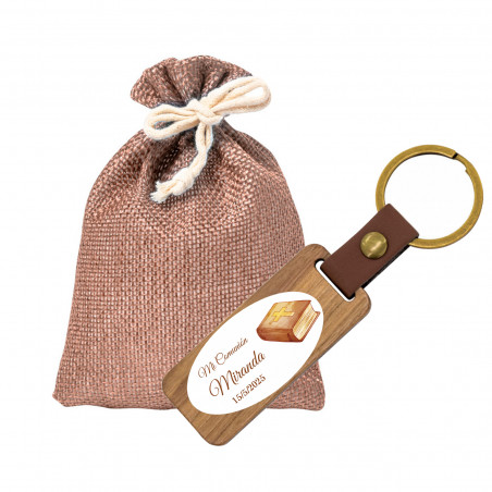 Porte-clés en bois avec autocollant ovale de communion unisexe avec sac en tissu pour cadeau