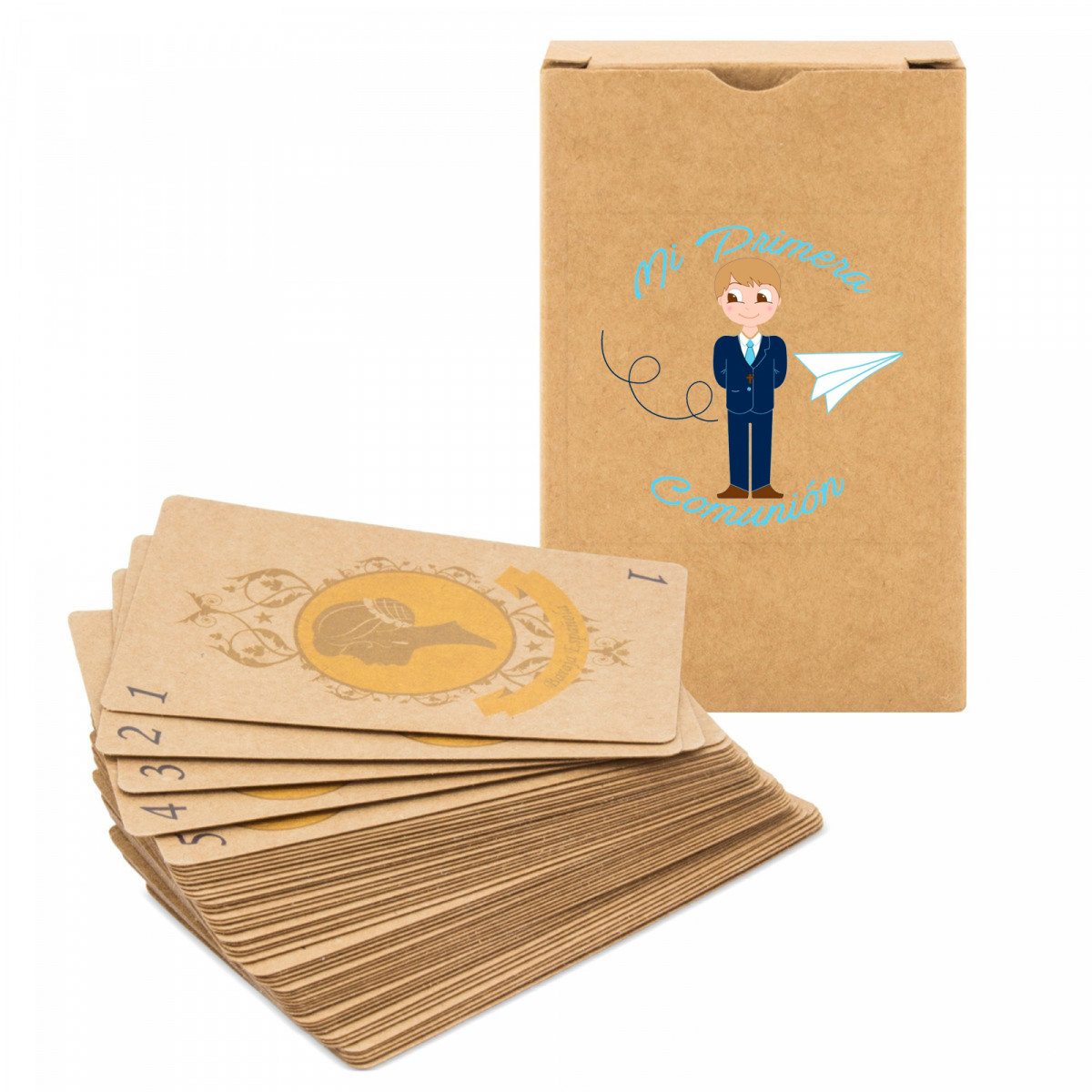 Jeu de cartes espagnol en kraft avec boîte personnalisée pour la première communion à offrir